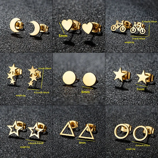 Vintage Simple Star Moon Circle Geometry Stainless Steel Stud Earrings for Women Trendy Earing Piercing Jewelry Gift