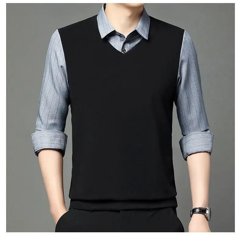 Fake Two Pieces Men Polo Shirts Turn-down Collar Striped Patchwork Business Casual Thermal Long Sleeve Comfortable Knitted Tops