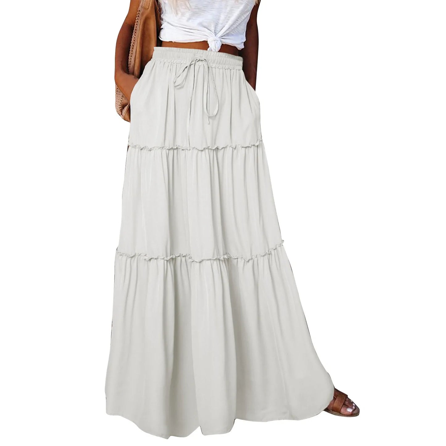 Women long skirt Fashion Solid Color Long Skirts Elastic Waist faldas Loose Casual High Waist saia Versatile Half-Body Dress