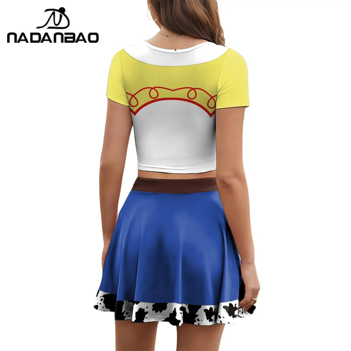 Nadanbao Jessie Halloween Cosplay Skirt for Women 3D Patchwork Printing Crop Top Blue Short Skirt Fashion Cheerleaders Clothing