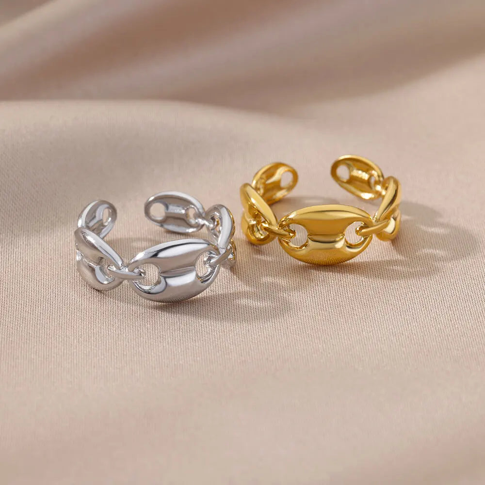 Stainless Steel Twist Chain Adjustable Rings for Women Men Simple Geometric Leave Flower Open Ring Jewelry Female Holiday Gifts