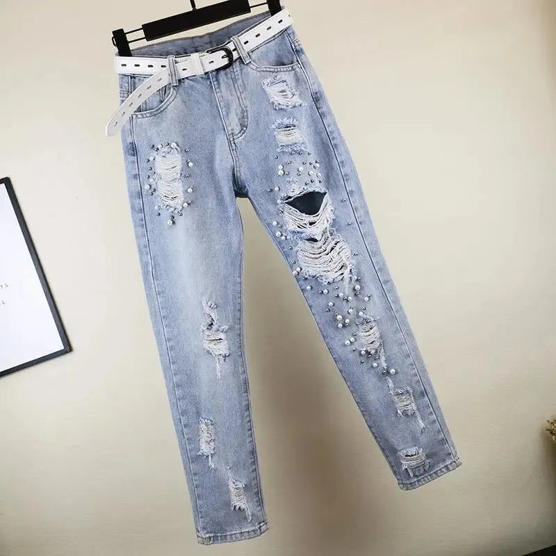 Women Hole Jeans 2023 Spring Summer New Loose High Waist Denim Pants Heavy Beading Straight Nine Points Harem Cowboy Trousers