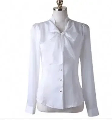 Spring Long Sleeve V Neck Bow Tie Satin Shirts Women Office Work Wear OL Satin Blouses Lady Bow Tie Chiffon Satin Tops