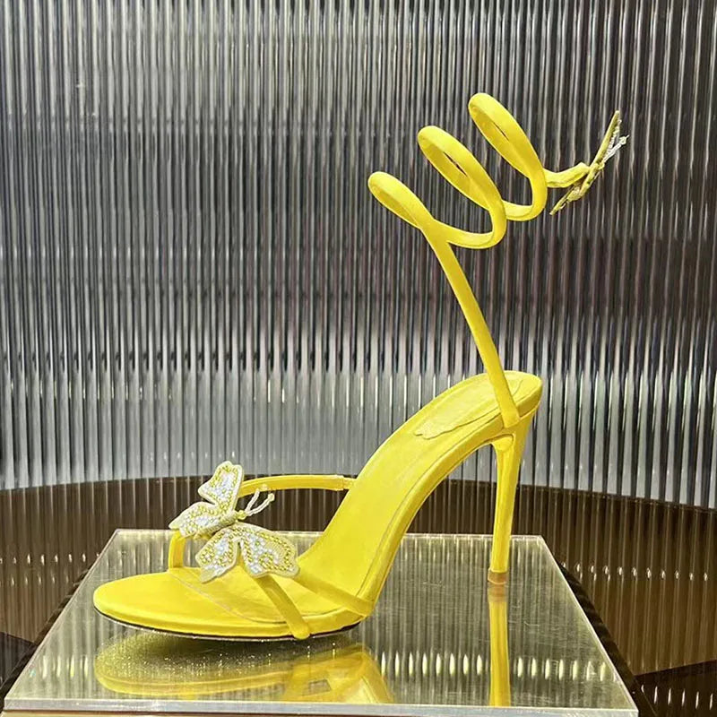 Summer High Heels Sandals Woman Butterfly-knot Rhinestone Snake Twine Around Ankle Strap Wedding Shoes Thin Heels Sandals Women