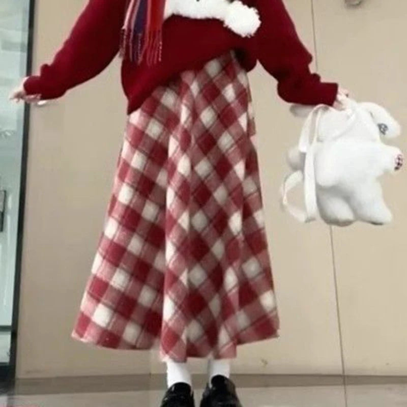 Red Plaid Midi Skirt Women Fall Winter Vintage High Waist Sweet Woolen Cloth Skirts Retro Loose Preppy Aesthetic Female Skirt