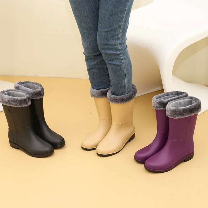 Fashionable Women's Mid-Calf Rain Boots Fleece Lined Anti-Slip Half Boots Adult Rain Shoes Wholesale From China Land