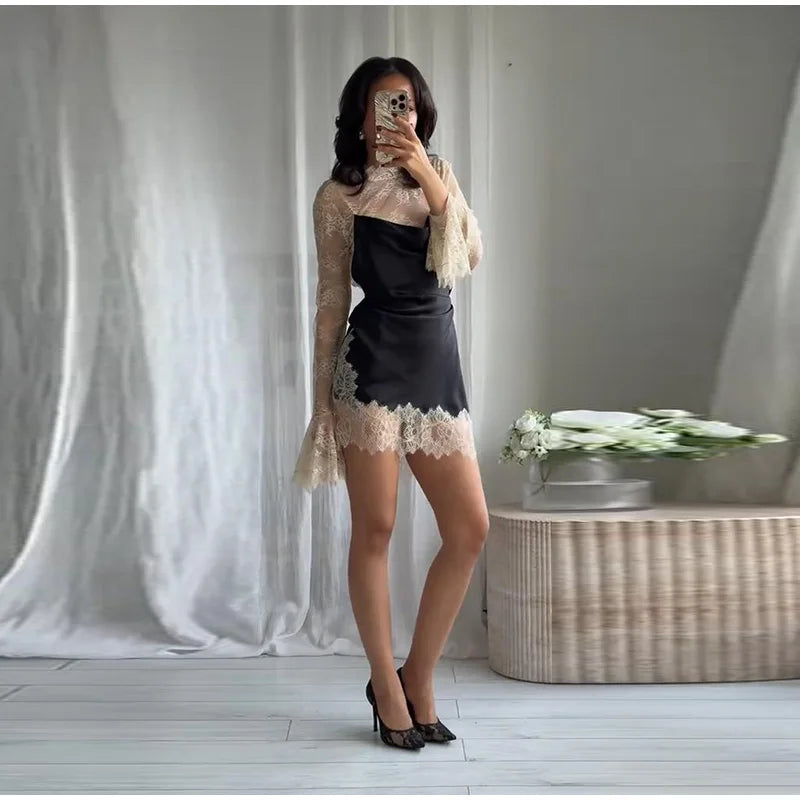 Elegant Lace Patchwork Satin Mini Dress Women High Collar Flare Sleeve See Through Party Dresses 2025 Autumn Lady Evening Robes