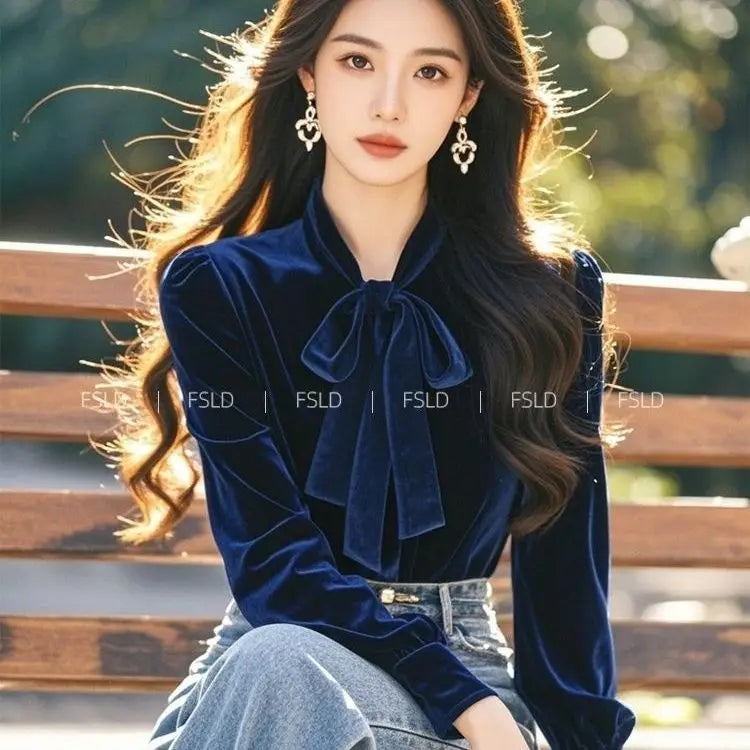 Vintage Blue Velvet Shirt Tops Spring Autumn Long Sleeve Bow Lacing All-match Temperament Blouse Office Elegant Women Clothing