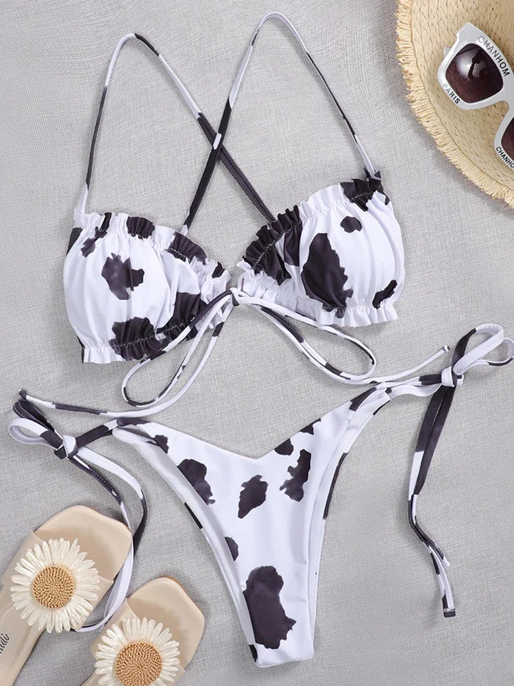 Sexy Printed Ruffled Frilled Thong Bikini Women Swimwear Female Swimsuit Two Pieces Bikini set Micro String Bathing Suit Swim