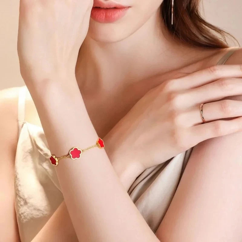 1/2/3Pcs 18K Gold Plated Stainless Steel Five Leaf Bracelet for Women, Elegant Flower Design Necklace Bracelet Jewelry Gift