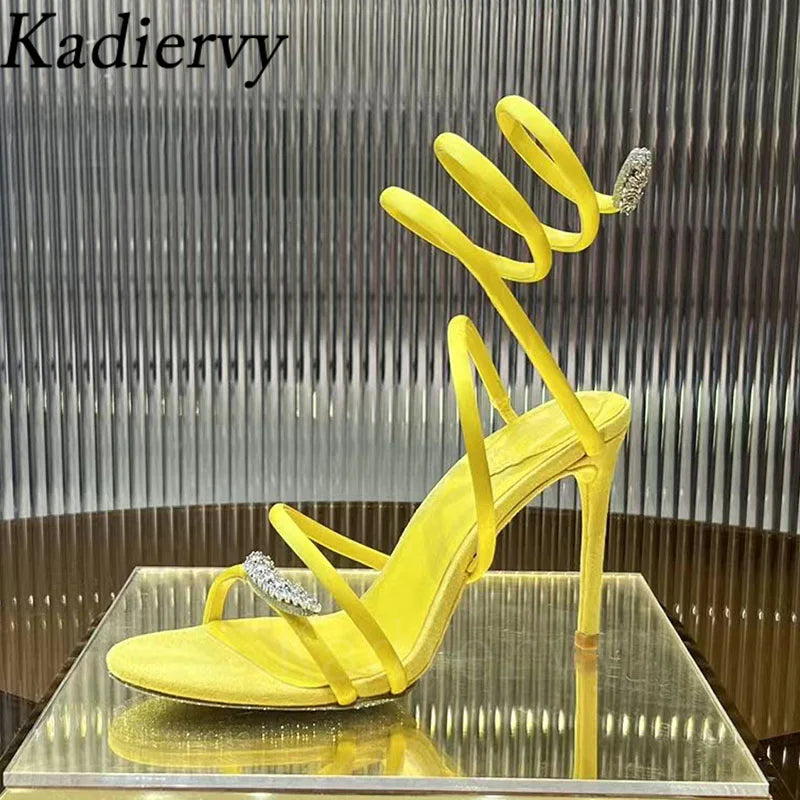 Summer High Heels Sandals Woman Butterfly-knot Rhinestone Snake Twine Around Ankle Strap Wedding Shoes Thin Heels Sandals Women