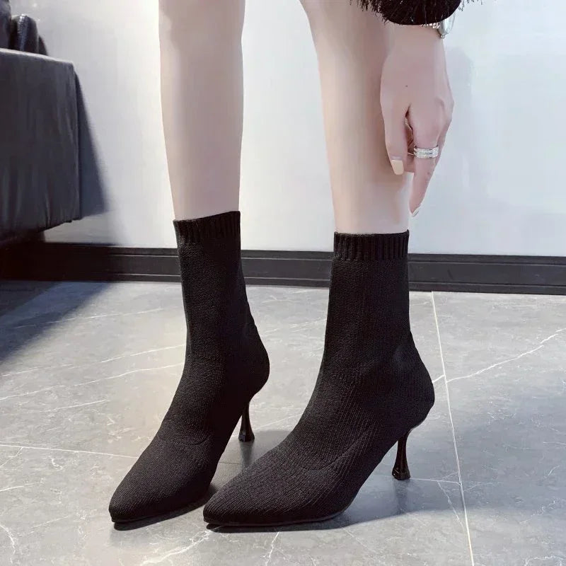 Socks Boots Women Stretch Fabric Elastic Stilettos Heel Sexy Pointed Toe Ankle Boots  Shoes Woman Thin Heels Party  shoes