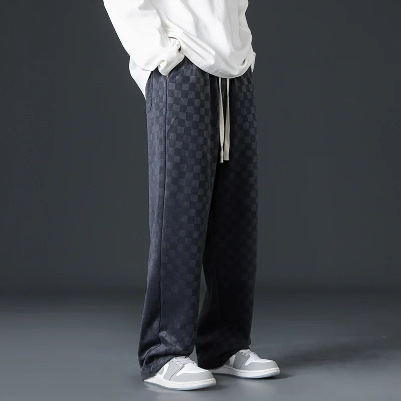 Men's Checkered Velvet Sweatpants, Loose Drawstring Trousers, Trendy Checkered Pattern, Fall and Winter Casual Streetwear