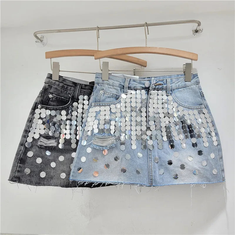 Summer new high waisted A-line sequins raw edges denim skirt for women