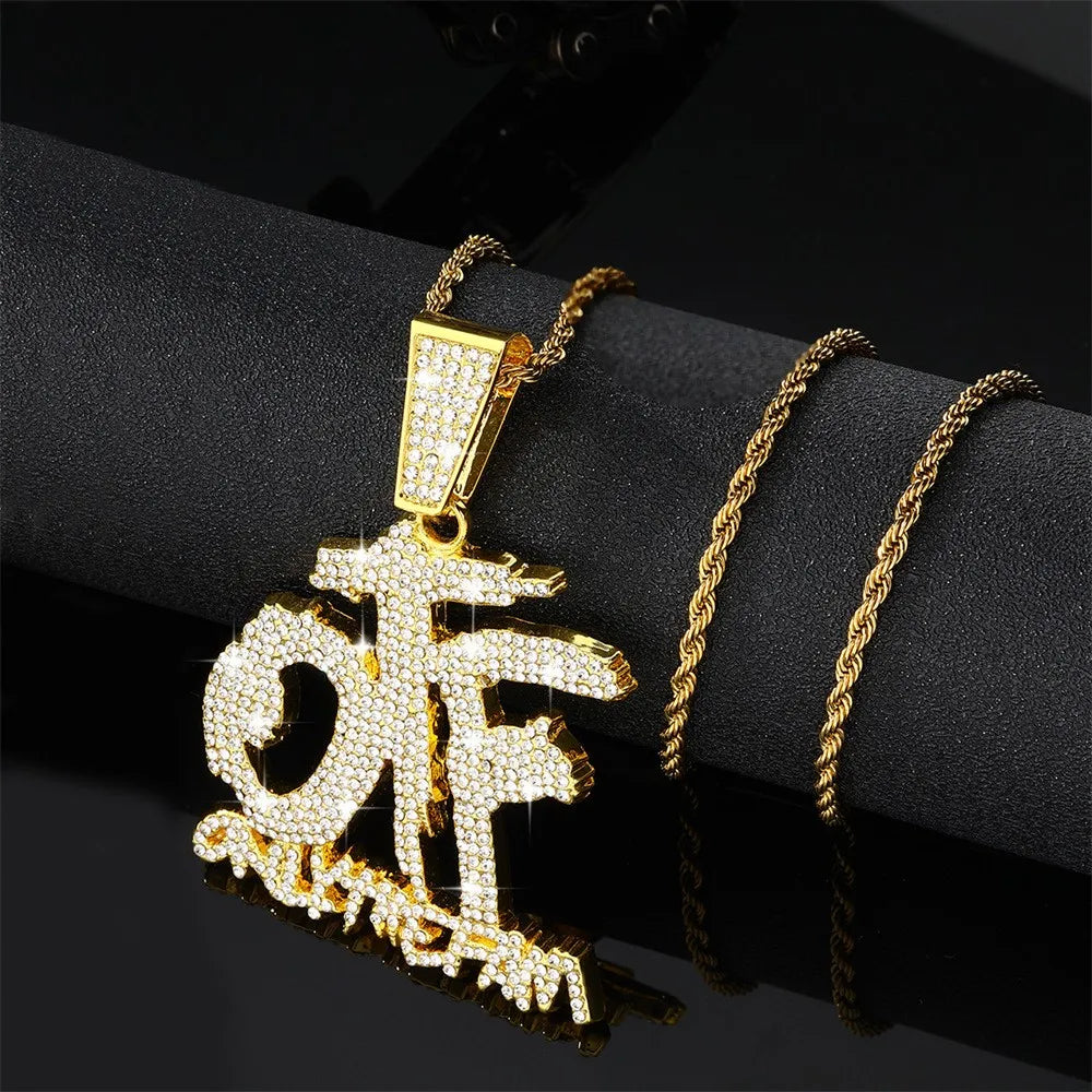 Luxurious Ice  Letter Otf Letter Pendant Necklace for Men and Women Fashion Rock Party Birthday Jewelry Gift