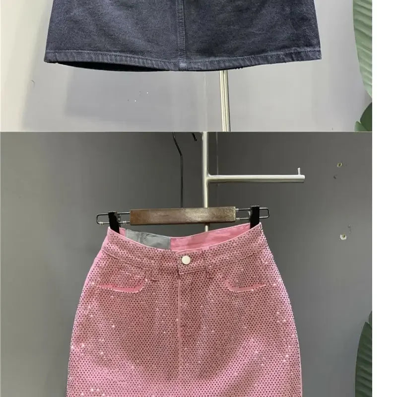 Heavy Industry Hot Drilling High-End Denim Skirt 2024 Spring And Summer New High Waist Pink Sexy