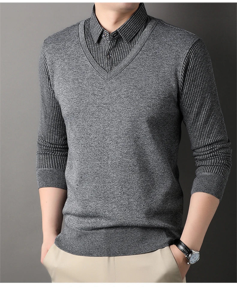 Men's Long Sve Fce Lined Knitted irt Busin Casual Sle Winter Warm Top Fake Two-Piece Design Comfortable Fit