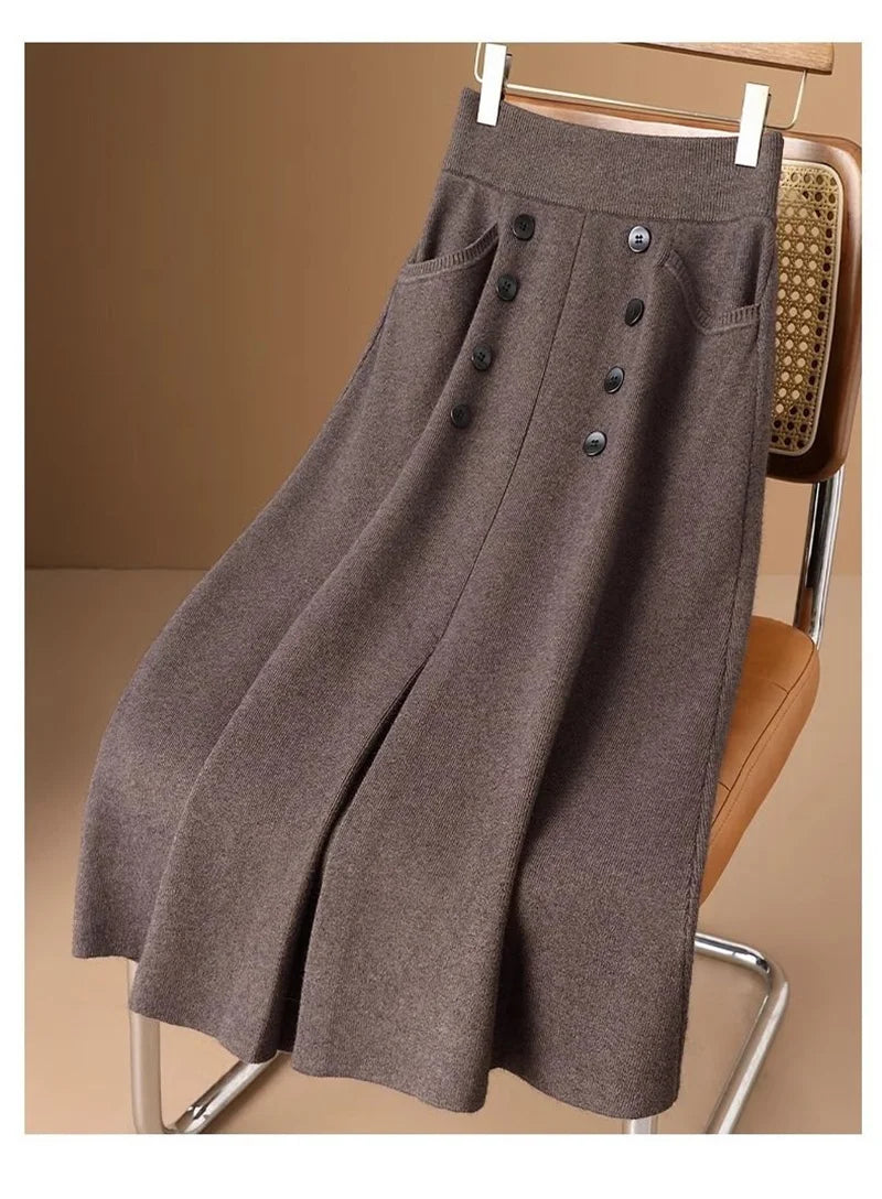 Women Knitted Skirt 2025 Autumn Winter New Loose Oversized Button Elastic Skirts Female Knitt Skirt Warm Women's Clothing