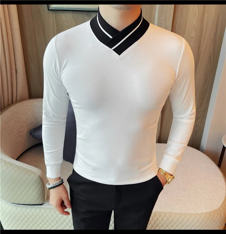 Autumn Winter Men's Mock Neck Long Sleeved T-shirt Slim Fit Elastic Solid Color Base Shirt Versatile Casual Business T-shirts