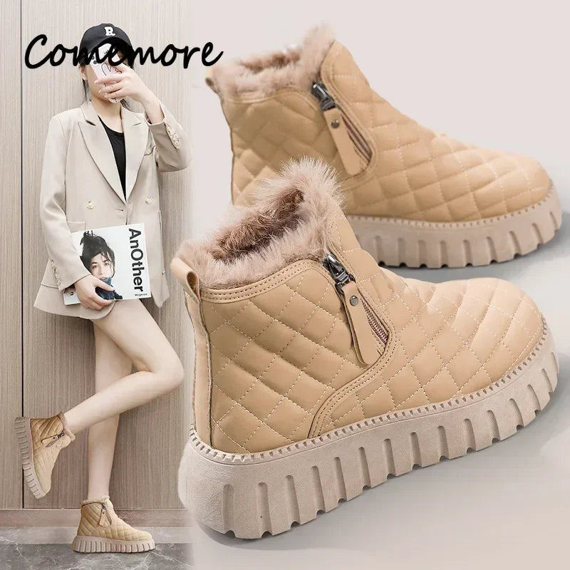 Women's Boots 2024 Winter Plush Cotton Boots Warm Platform Comfort Cold Proof Shoes Zipper Height Increase Anti Slip Snow Boots
