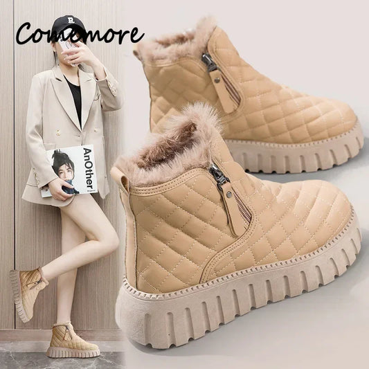 Women's Boots 2024 Winter Plush Cotton Boots Warm Platform Comfort Cold Proof Shoes Zipper Height Increase Anti Slip Snow Boots
