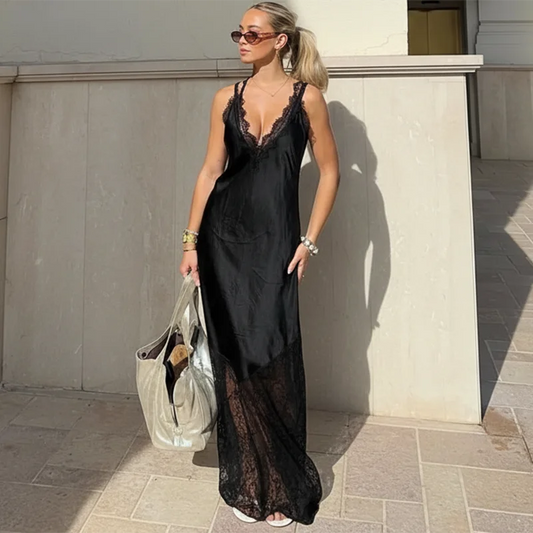 Tornova Sexy Spaghetti Strap Lace Dress For Women Fashion Splice Elegant Backless Long Dress Slim Vacation Party Female Clothes