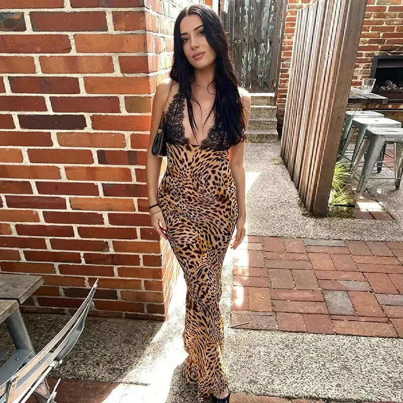 Sexy Leopard Print Lace Patchwork Maxi Dress Women Fashion V Neck Backless Long Dresses Spring Summer Female Holiday Vestidos