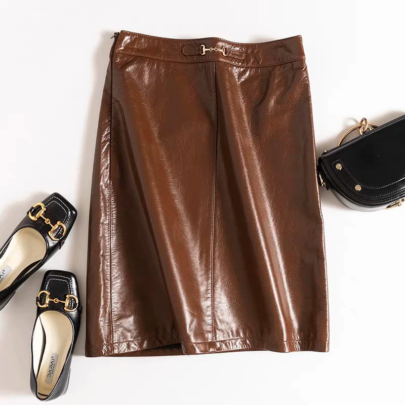Genuine Leather Calfskin Women Skirt Waist Chain 2024 Spring South Korean Fashion High Waist Buttons Retro A-line Knee-Length