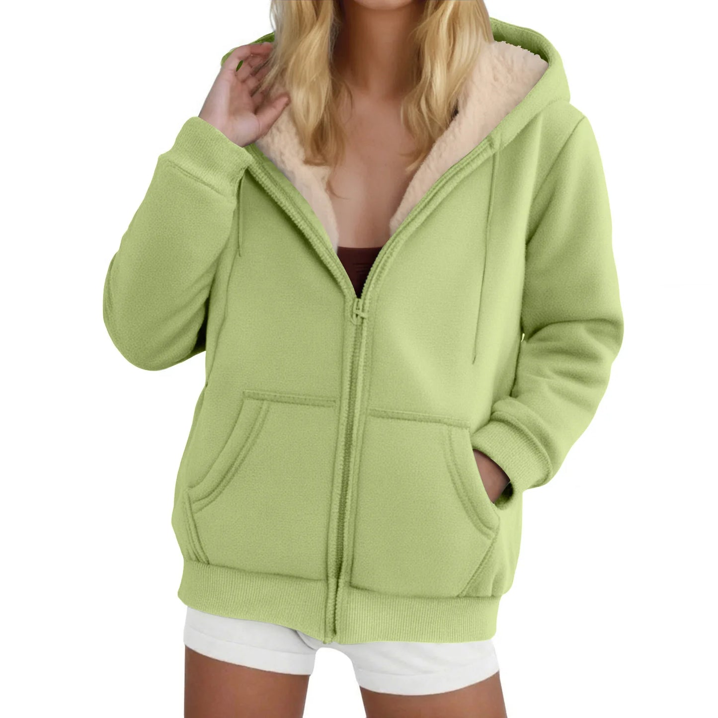 Women's Fleece-Lined Thickened Hooded Sweatshirt Solid Color Autumn Winter Thick Warm Hoodies Zipper Up Pocket Loose Jackets