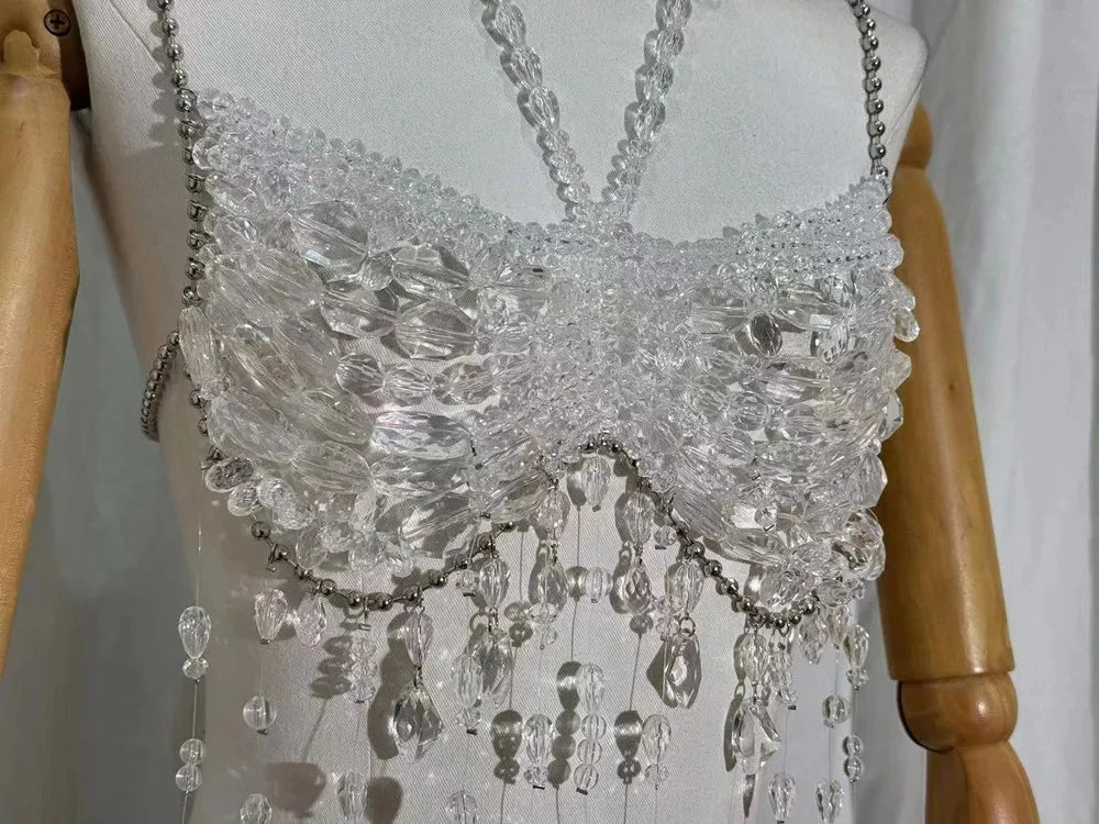 Sexy Europe And The United States Crystal Pearl Female Vest Handmade Street Shooting Bra Top Hollow Body Chain Holiday Swimsuit