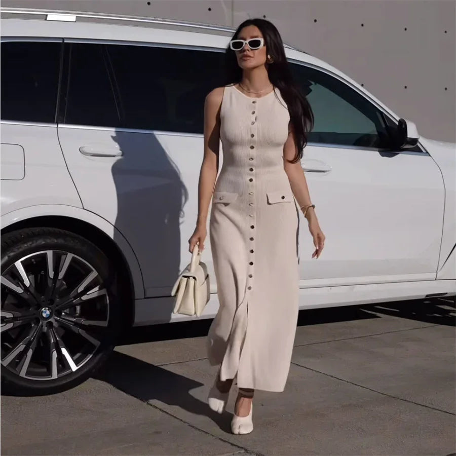 Elegant Knitted Midi Dresses Women's Black White Patchwork Slit Single Breasted Sleeveless Curvy Dress 2025 Summer Street Wear