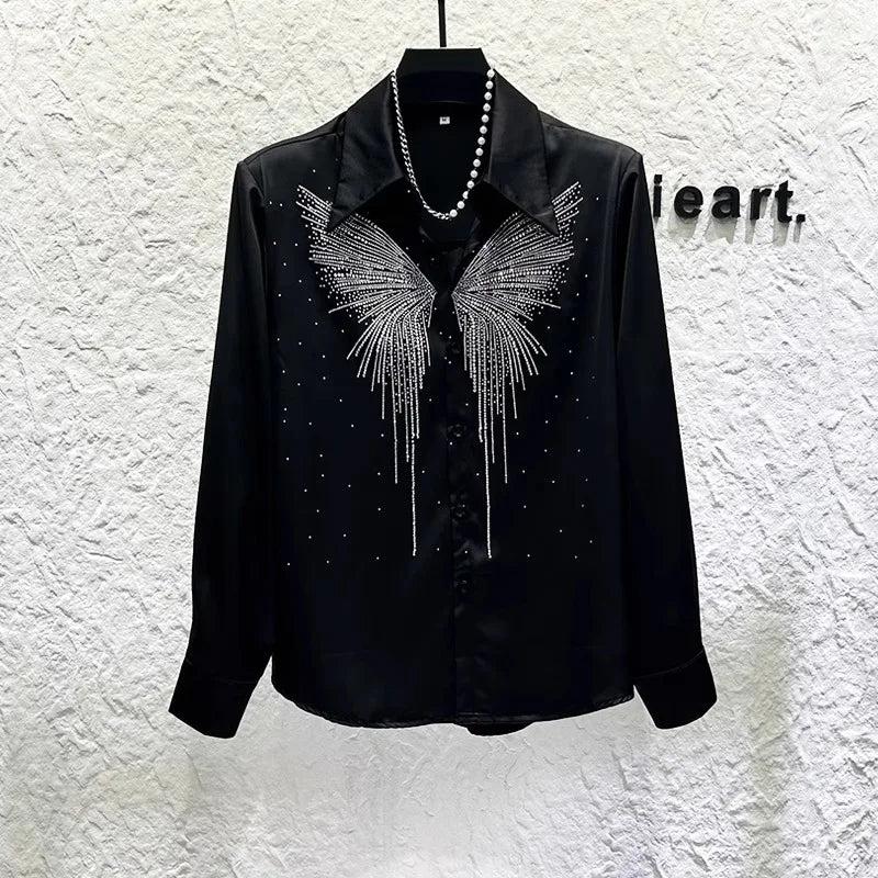 Heavy Industry Butterfly Rhinestone Shirt Men's Korean Version Shoulder Pad Versatile Casual Shirt Stage Performance Streetwear