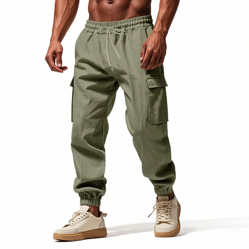 2025 New Men's Cotton and Linen Multi Pocket Ankle Pants, Loose Drawstring Pants Workwear Sports Trend Men's Pants