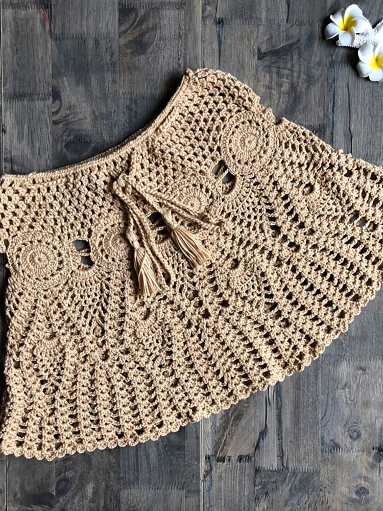 New Sexy Crochet Tassel Beach Skirt Cotton Swimsuit Fused Skirt Casual Beach Running Lace See Through Slim Mini Skirts