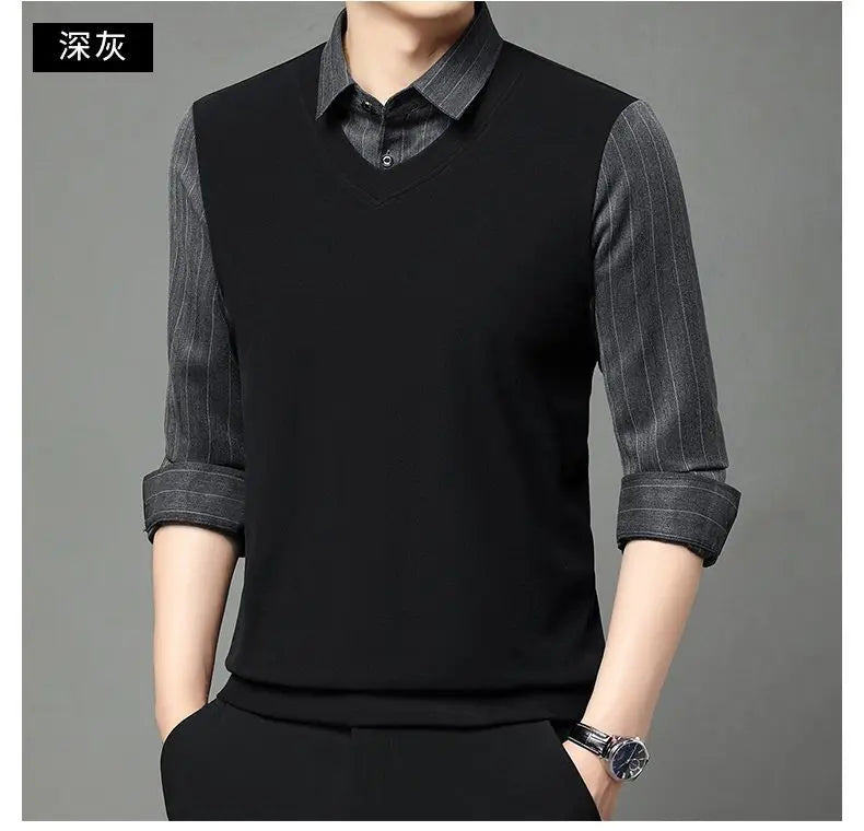 Fake Two Pieces Men Polo Shirts Turn-down Collar Striped Patchwork Business Casual Thermal Long Sleeve Comfortable Knitted Tops