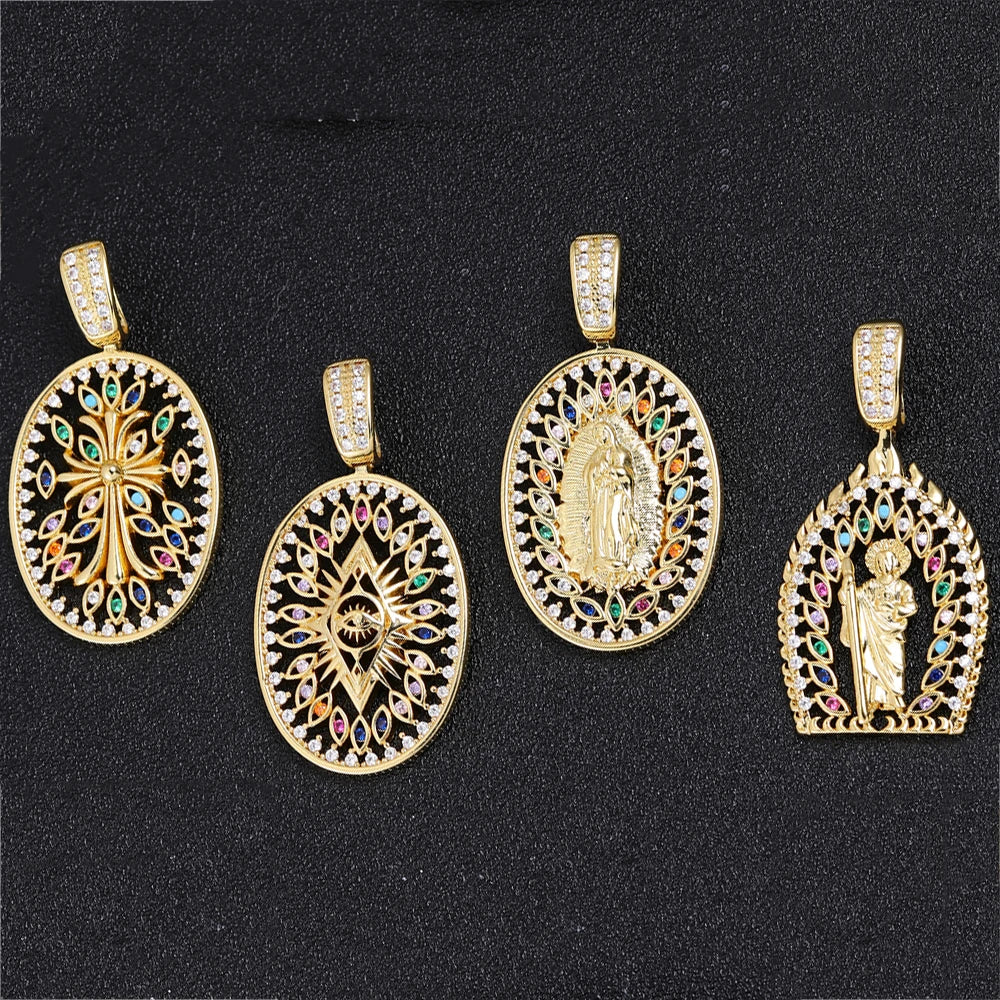 Juya 18K Real Gold Plated Religious Pendant Jewelry Making Supplies Creative Saint Mary Virgin Christian Cross Charms Supplies