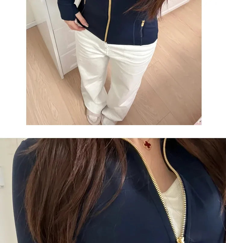 Light Blue Yoga Wear Women's Thin Outerwear 2025 New Shoulder Fit Waist Cinch Early Autumn Fishbone Sports Top