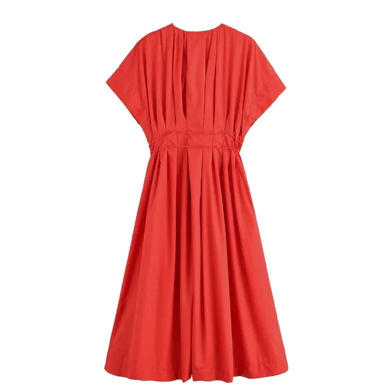 Slimming Casual Short Sleeve Pleated Shoulder Draped Dress Versatile Women's Fashion Design Knee-Length V-Neck Dress