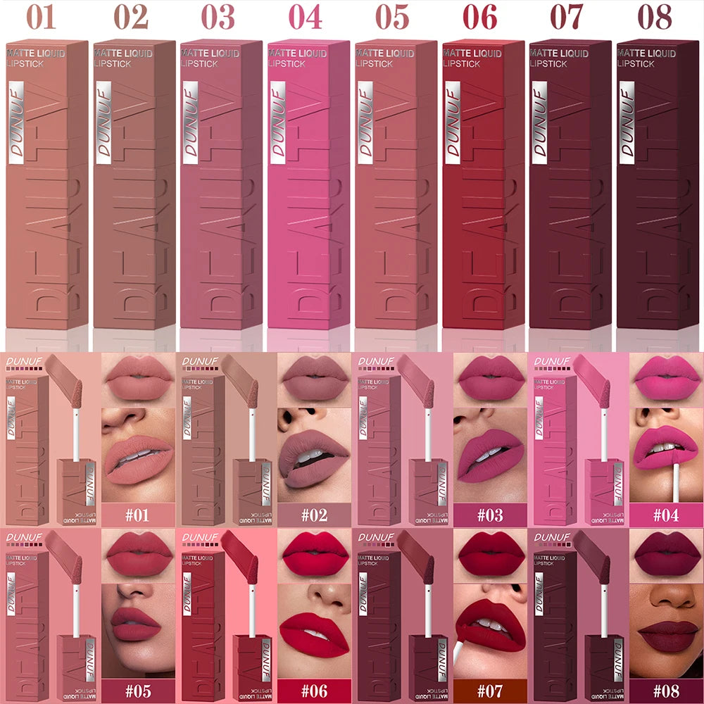 DUNUF  8-color matte velvet smooth easy-to-apply square tube lip gloss waterproof three-dimensional plumping lipstick