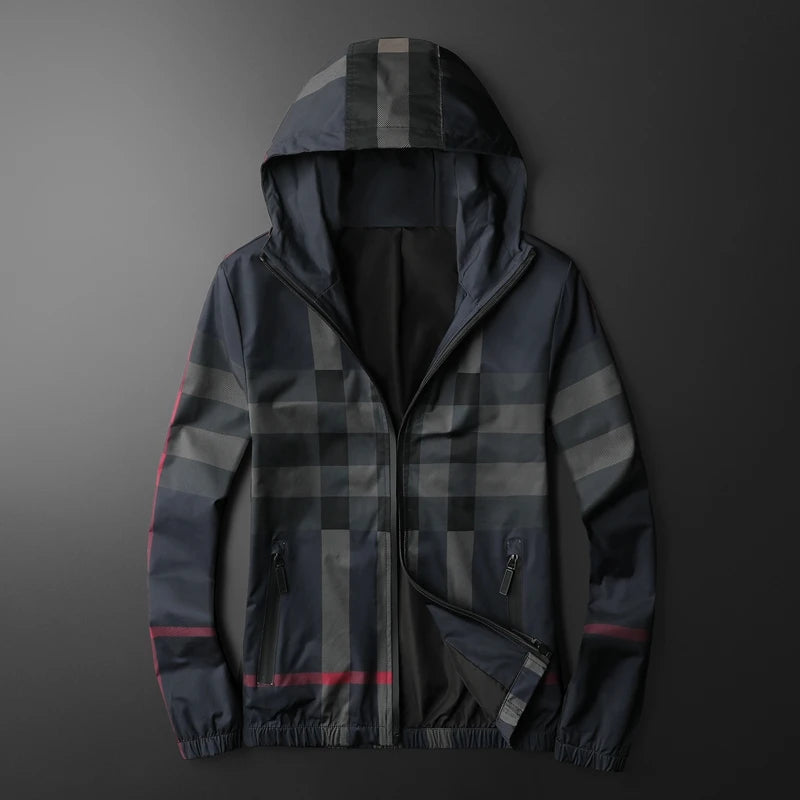 New Korean style fashionable striped jacket, high-quality hooded zipper jacket, men's slim fit jacket