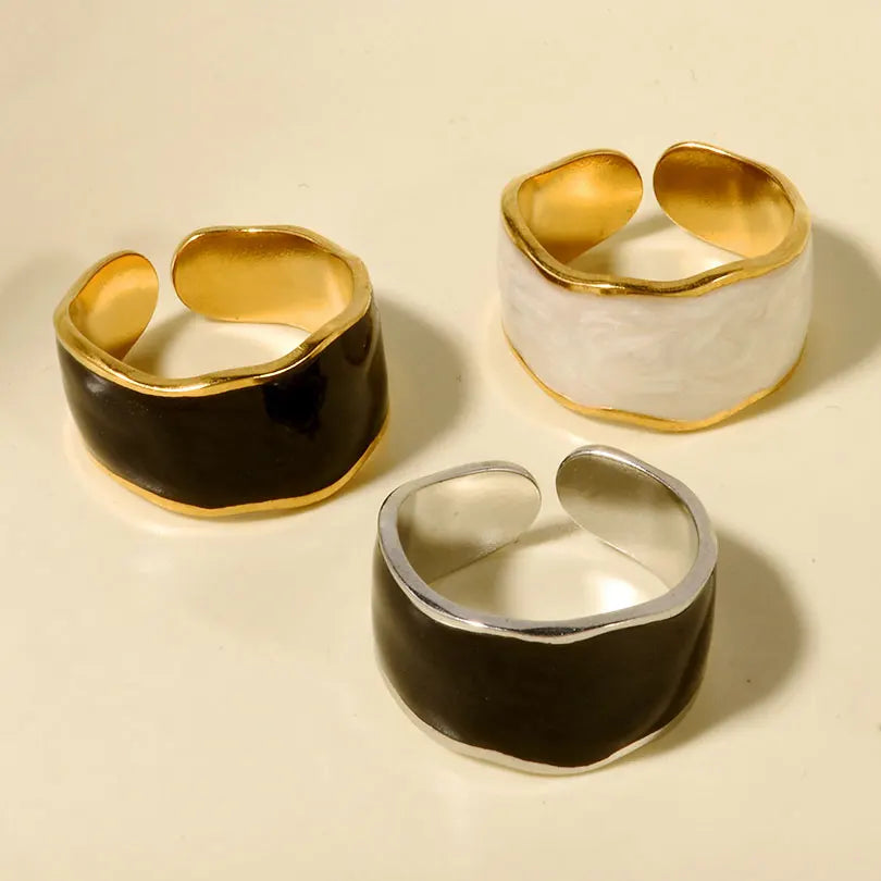 Elegant Ring Enamel Stainless Steel Rings For Women Men Accessories Flower Plant Jewelry Open Adjustable Real Gold Plated Bagues