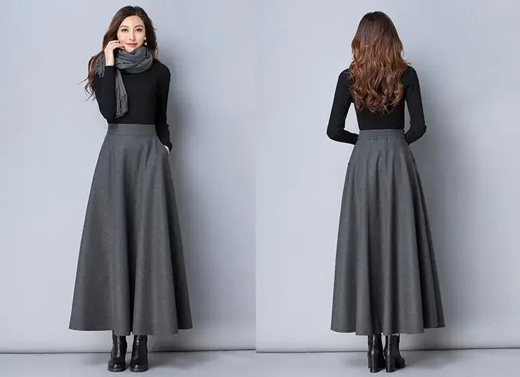 Autumn and Winter Solid Color Woolen Skirt Big Hem A- line Skirt High Waist Long Woman Skirts Mujer Faldas Saias Mulher