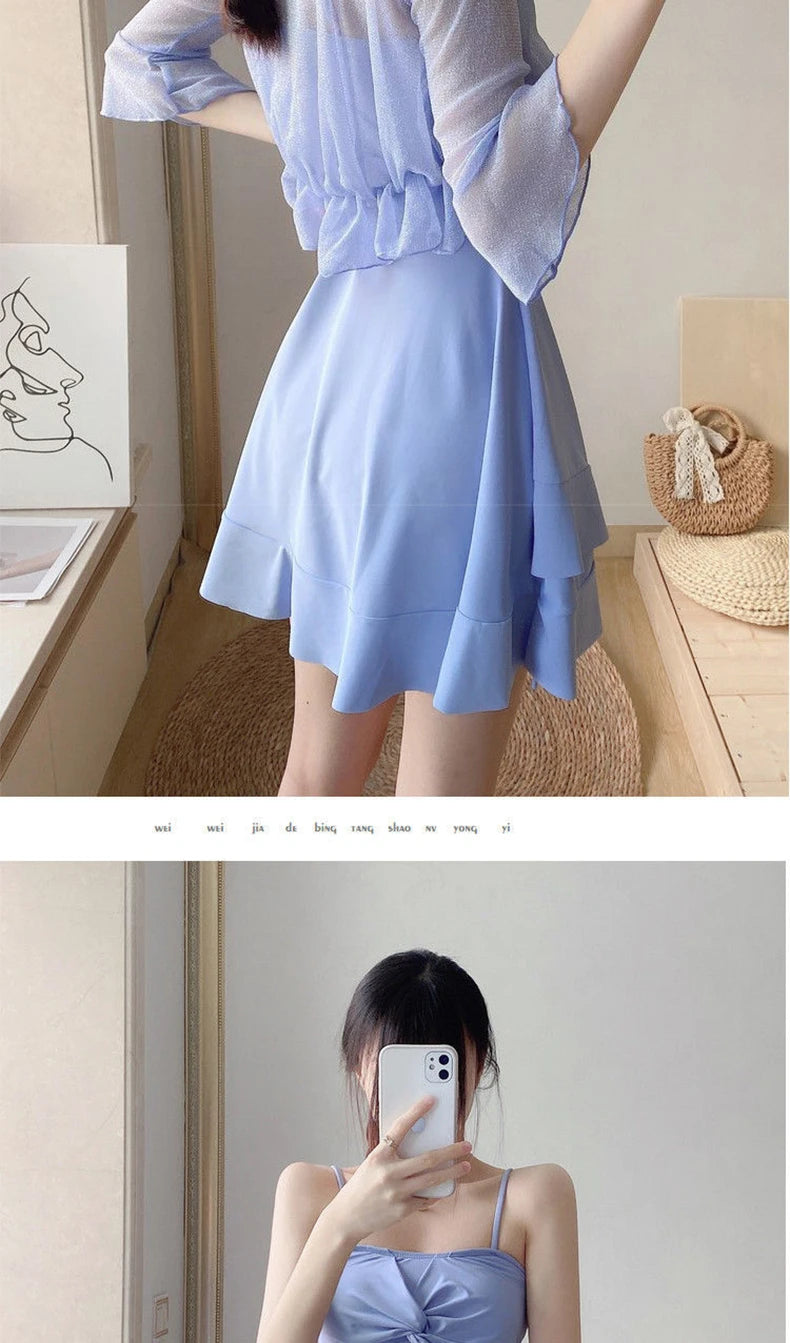 Women's High-End Bikini Tee-Piece Set Skirt Sle Faionable Thermal Spa Swimsuit Meat Covering Slimming Beachwear