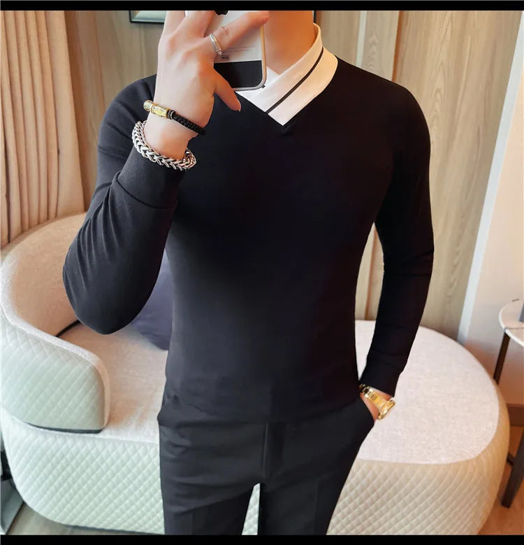 Autumn Winter Men's Mock Neck Long Sleeved T-shirt Slim Fit Elastic Solid Color Base Shirt Versatile Casual Business T-shirts