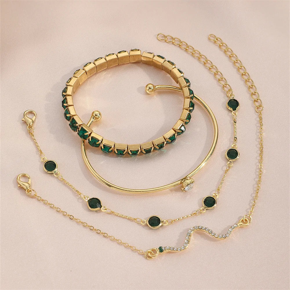 4Pcs/Set Fashion Snake Green Gemstone Bangle Rhinestone Full Metal Bracelet For Women Birthday Party Gift Jewerly