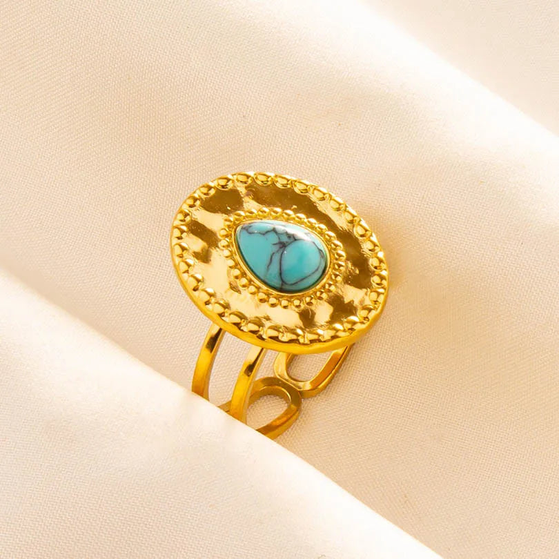Classic Retro Turquoise Finger Jewelry Stainless Steel Rings For Women Men Accessories Open Adjustable 18k Real Gold Plated Ring