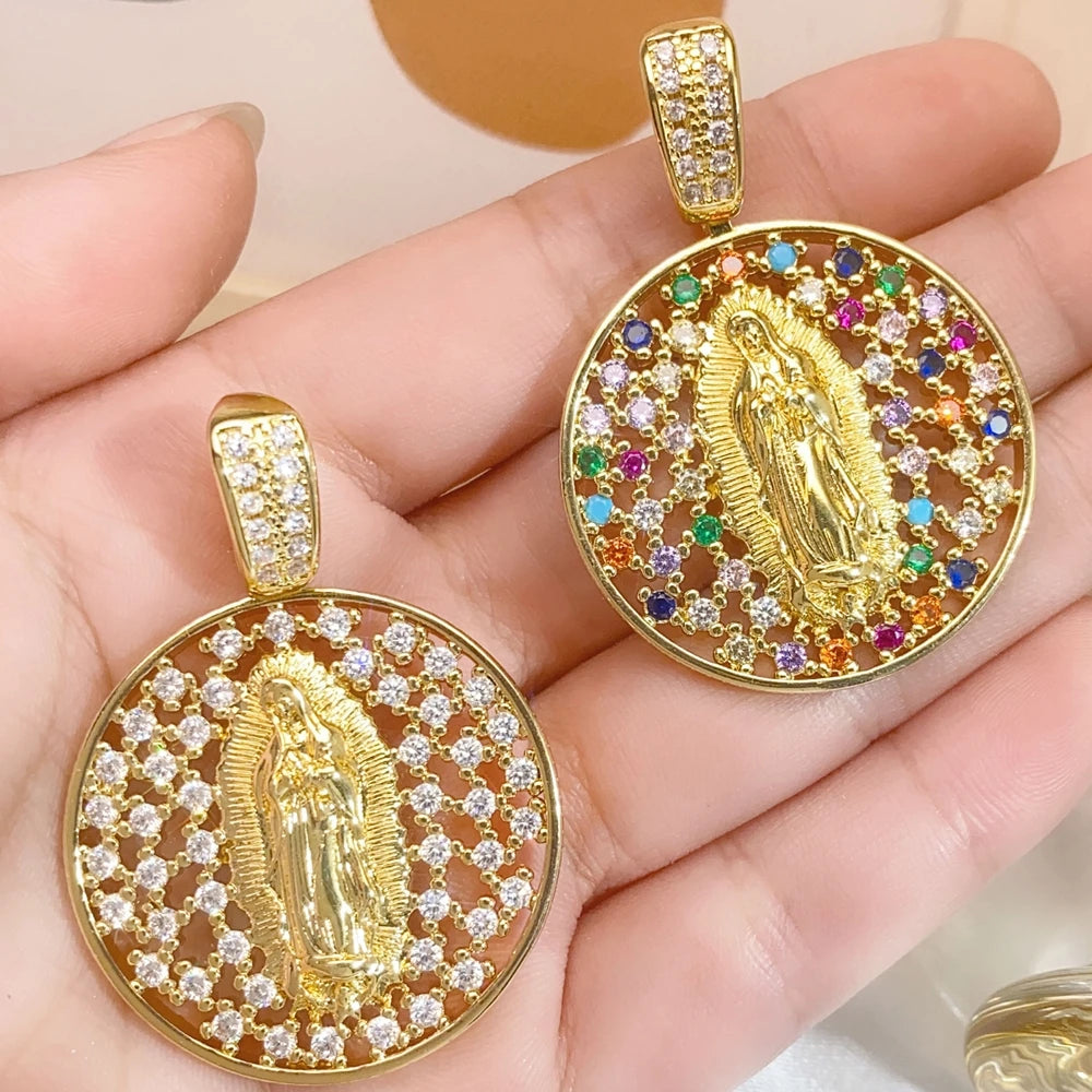Juya 18K Real Gold Plated Religious Pendant Jewelry Making Supplies Creative Saint Mary Virgin Christian Cross Charms Supplies