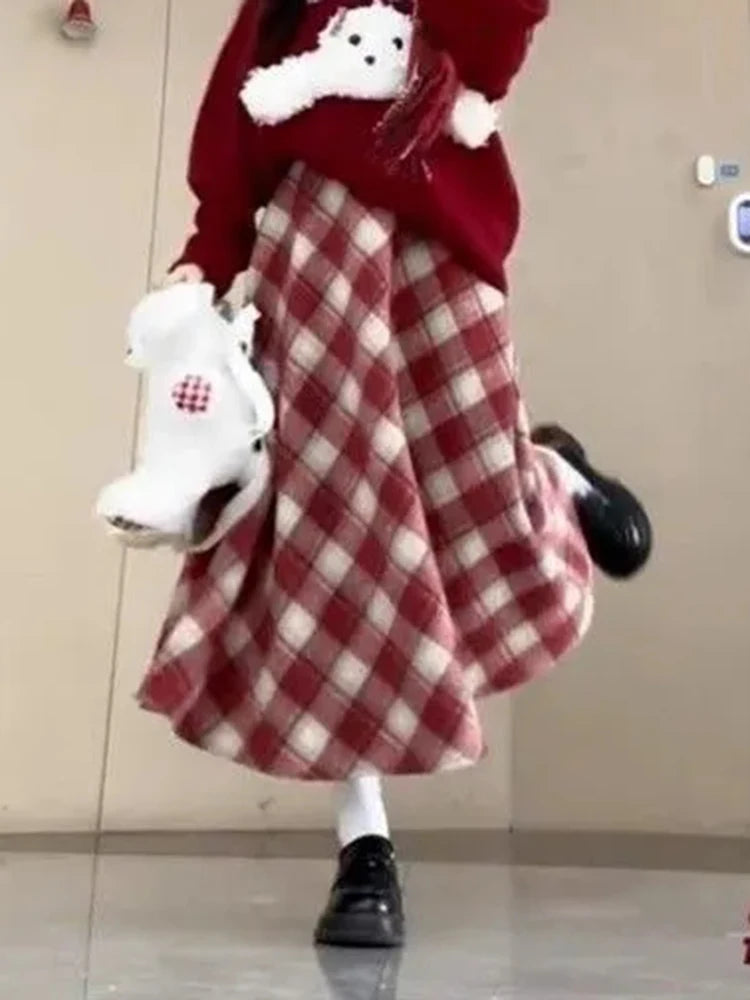 Red Plaid Midi Skirt Women Fall Winter Vintage High Waist Sweet Woolen Cloth Skirts Retro Loose Preppy Aesthetic Female Skirt