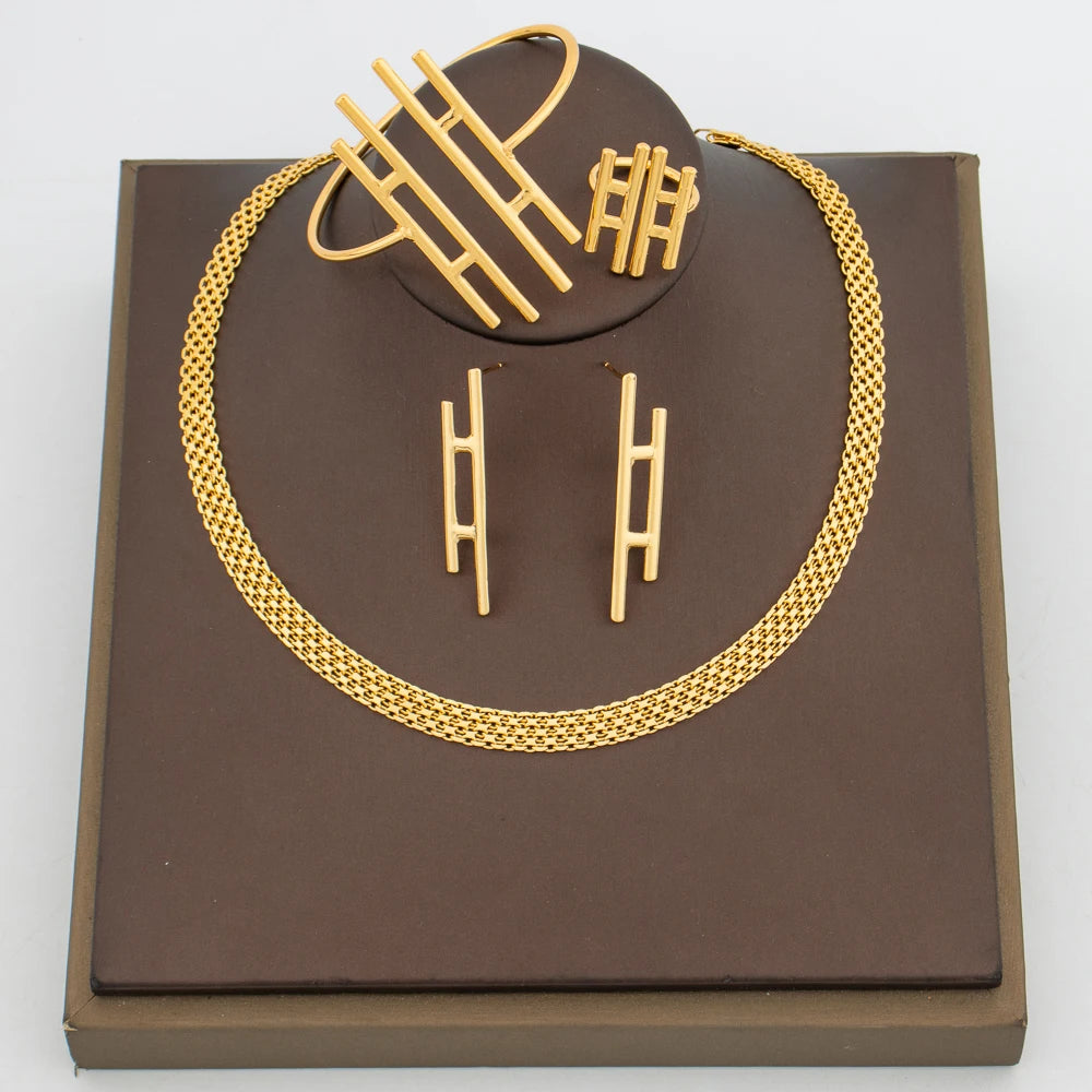 Women Fashion Jewelry Set Simple Design Stud Earrings and Bangle Ring Jewelry for Weddings Bride Hand Bangle and Earrings Set