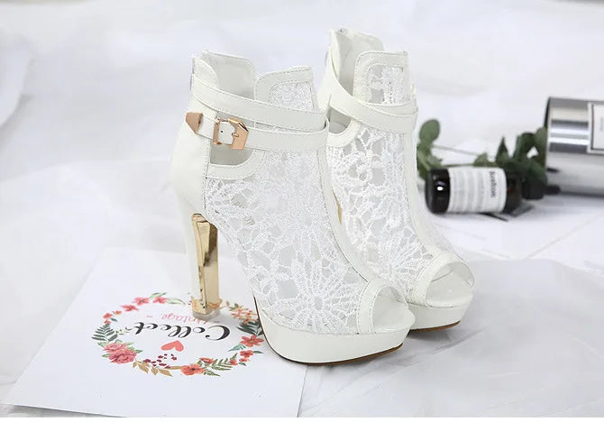 Sexy Mesh Fabric Platform High Heels Boots Sandals Women Peep Toe Nightclub Party Stiletto Female Shoes